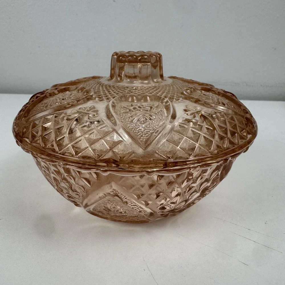 Pink Depression Glass Candy Dish Lidded Bowl Diamond‎ Cut Coquette Cottagecore